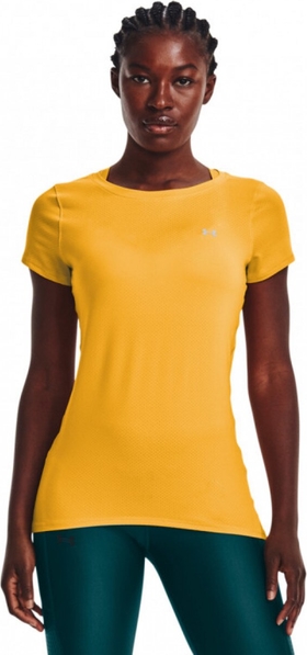 Żółty t-shirt Under Armour w sportowym stylu z okrągłym dekoltem z krótkim rękawem