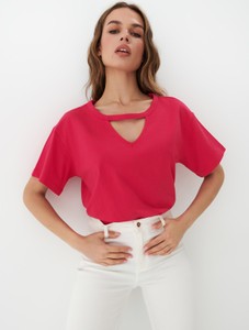 Różowa bluzka Mohito z dekoltem w kształcie litery v w stylu casual