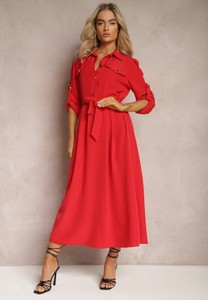 Czerwona sukienka Renee z długim rękawem koszulowa w stylu casual