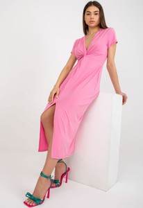 Różowa sukienka ITALY MODA z dekoltem w kształcie litery v midi z krótkim rękawem