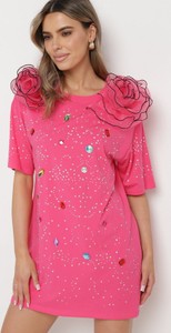 Różowa bluzka born2be z okrągłym dekoltem z krótkim rękawem z bawełny