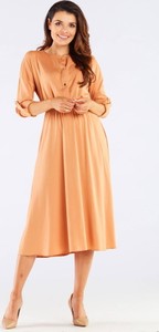 Pomarańczowa sukienka Awama z długim rękawem midi z dekoltem w kształcie litery v