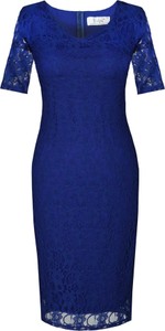 Niebieska sukienka Fokus midi z krótkim rękawem z okrągłym dekoltem
