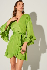 Zielona sukienka Lidia Kalita z długim rękawem z dekoltem w kształcie litery v