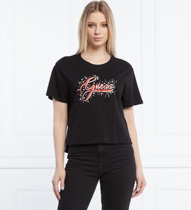 Czarny t-shirt Guess z okrągłym dekoltem z krótkim rękawem