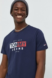 Granatowy t-shirt Tommy Jeans z bawełny z krótkim rękawem w młodzieżowym stylu