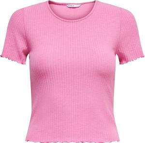 Różowy t-shirt Only z okrągłym dekoltem z krótkim rękawem