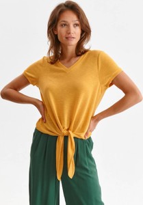 Żółta bluzka Top Secret z krótkim rękawem z dekoltem w kształcie litery v