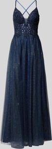 Granatowa sukienka Luxuar Fashion z dekoltem w kształcie litery v na ramiączkach z tiulu