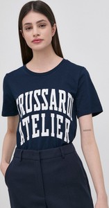 Granatowy t-shirt Trussardi z krótkim rękawem z dzianiny