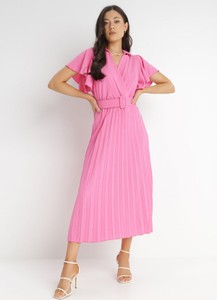 Różowa sukienka born2be z dekoltem w kształcie litery v z krótkim rękawem kopertowa