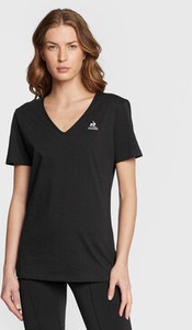 Czarny t-shirt Le Coq Sportif w stylu casual z dekoltem w kształcie litery v