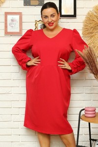 Czerwona sukienka KARKO z tkaniny z długim rękawem dla puszystych