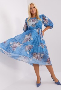 Niebieska sukienka Lakerta z długim rękawem midi z okrągłym dekoltem