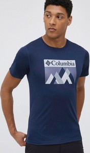 Granatowy t-shirt Columbia z dzianiny w sportowym stylu z krótkim rękawem