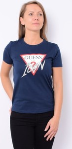 Granatowa bluzka Guess z krótkim rękawem z okrągłym dekoltem