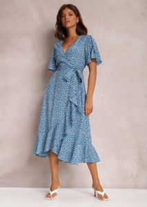 Niebieska sukienka Renee z krótkim rękawem z dekoltem w kształcie litery v w stylu casual