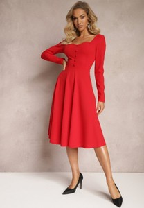 Czerwona sukienka Renee z długim rękawem rozkloszowana z dekoltem w kształcie litery v