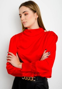 Czerwona bluzka Olika z długim rękawem z satyny