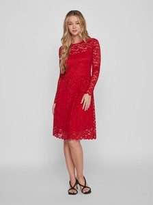 Czerwona sukienka Vila z długim rękawem z okrągłym dekoltem mini