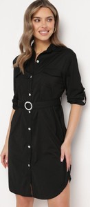 Czarna sukienka born2be w stylu klasycznym koszulowa z długim rękawem