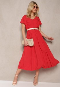 Czerwona sukienka Renee midi z krótkim rękawem