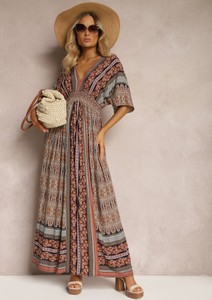 Brązowa sukienka Renee z dekoltem w kształcie litery v maxi z długim rękawem