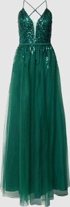 Zielona sukienka V.m. z tiulu maxi z dekoltem w kształcie litery v