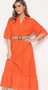 Pomarańczowa sukienka born2be z dekoltem w kształcie litery v koszulowa z długim rękawem