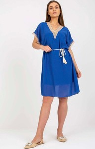 Niebieska sukienka ITALY MODA z dekoltem w kształcie litery v z krótkim rękawem