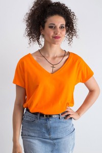 Pomarańczowy t-shirt Basic Feel Good z bawełny w stylu casual z krótkim rękawem