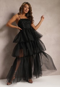 Czarna sukienka Renee maxi z dekoltem w kształcie litery v z tiulu