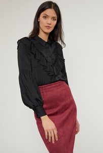 Czarna bluzka FEMESTAGE Eva Minge z dekoltem w kształcie litery v z długim rękawem w stylu casual