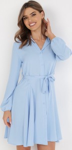 Niebieska sukienka born2be w stylu casual mini z długim rękawem