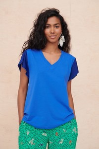 Niebieski t-shirt Blue Shadow z krótkim rękawem z tkaniny w stylu casual