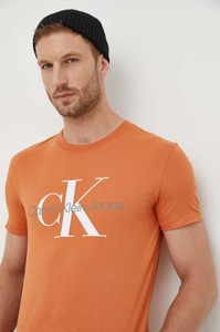 Pomarańczowy t-shirt Calvin Klein z bawełny z krótkim rękawem