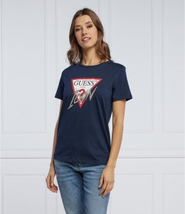 Granatowy t-shirt Guess w młodzieżowym stylu z okrągłym dekoltem z krótkim rękawem