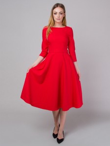 Czerwona sukienka Willsoor midi z długim rękawem z okrągłym dekoltem