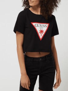 Czarny t-shirt Guess w młodzieżowym stylu z krótkim rękawem z bawełny