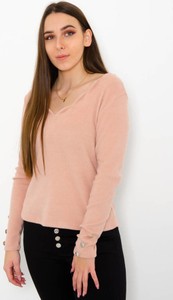 Różowa bluzka Olika w stylu casual z długim rękawem z dekoltem w kształcie litery v