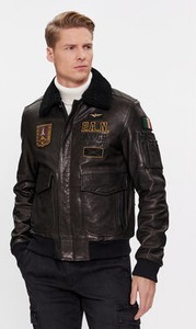Czarna kurtka Aeronautica Militare w stylu casual krótka ze skóry