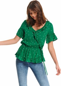 Zielona bluzka Top Secret z krótkim rękawem z dekoltem w kształcie litery v w stylu casual