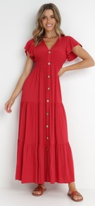 Czerwona sukienka born2be trapezowa maxi z dekoltem w kształcie litery v