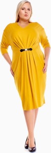 Żółta sukienka Fokus z długim rękawem z okrągłym dekoltem dla puszystych