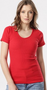 Czerwona bluzka born2be z okrągłym dekoltem w stylu casual z krótkim rękawem