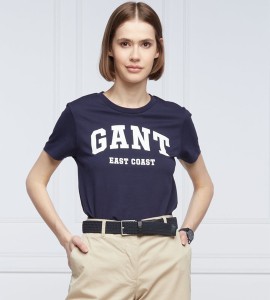 Granatowy t-shirt Gant z okrągłym dekoltem z krótkim rękawem