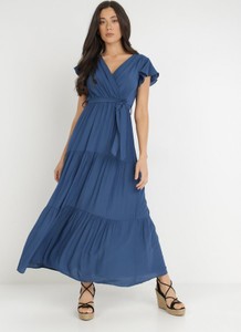 Niebieska sukienka born2be maxi z dekoltem w kształcie litery v z krótkim rękawem