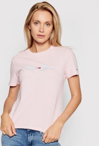 Różowy t-shirt Tommy Jeans z okrągłym dekoltem w młodzieżowym stylu z krótkim rękawem