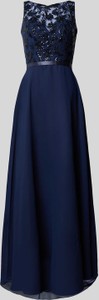 Granatowa sukienka Luxuar Fashion bez rękawów z szyfonu z okrągłym dekoltem