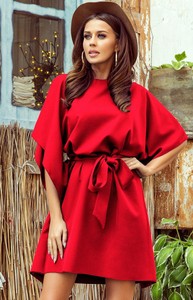 Czerwona sukienka NUMOCO z długim rękawem z okrągłym dekoltem mini